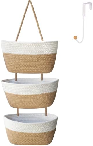Over the Door Hanging Basket for Organizing 3 Tiers Woven Cotton Rope Wall by ililmmoe