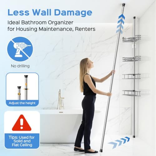 HAMITOR Corner Shower Caddy Tension Pole, Space-saving Bathtub Shelves - Image 3