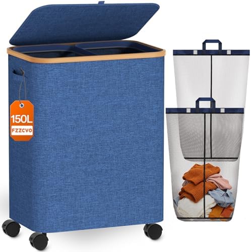 Double Laundry Basket with Wheels and Lid, 150L Clothes Hampers by Fzzcvo