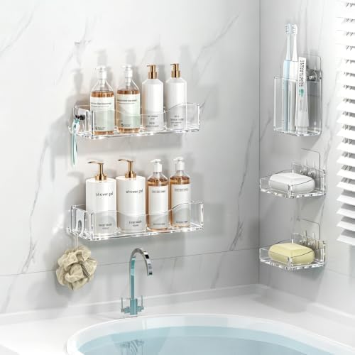 Clear Acrylic Shower Caddy Organizer Shelves, Adhesive Wall Storage 5-Pack - Image 3