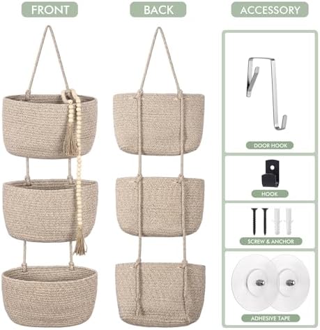 Wall Hanging Rope Baskets 3-Tier Boho Organizers - Image 2