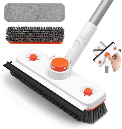 Floor Scrub Brush with Long Handle, 3-in-1 Rotating Scrubber with Squeegee by TRENNCHI