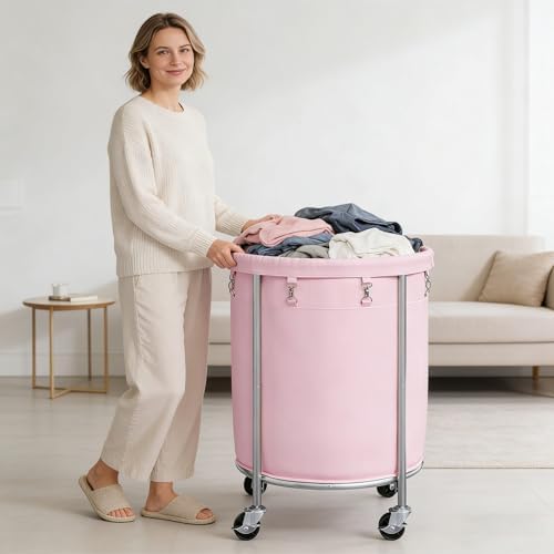 ELYKEN Laundry Basket with Wheels, Round Rolling Laundry Hamper - Image 2