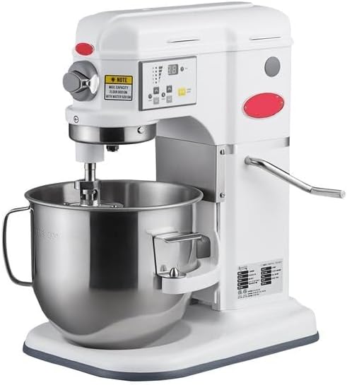 8 Qt Commercial Stand Mixer, White, Bowl Lift, 5-Speed with Timer, 600W Motor, Digital Controls, Stainless Steel Bowl, 12x16x19 Inches