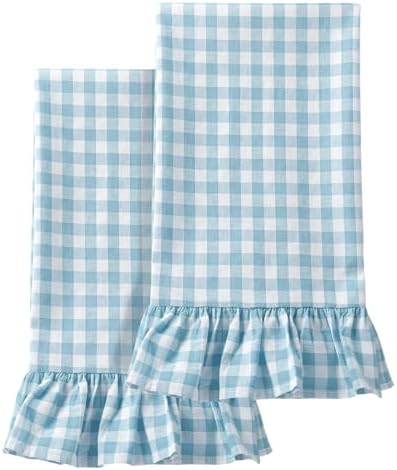 HunnmingRe 2 Pcs Light Blue Gingham Kitchen Towels Cotton Ruffled by HunnmingRe