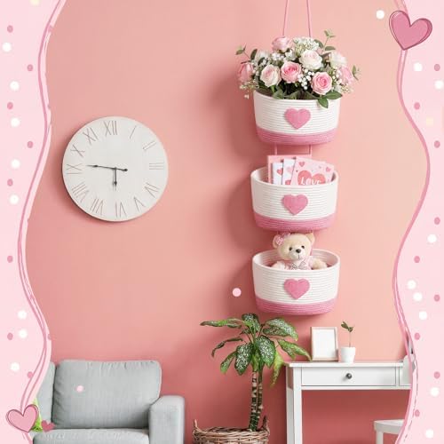 3-tier Heart Theme Cotton Rope Hanging Basket Organizer, Wall Storage Bin - Image 5