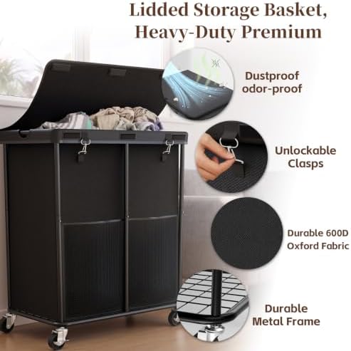 Laundry Hamper with Wheels and Lid, 225L Large Rolling Laundry Basket Black - Image 4