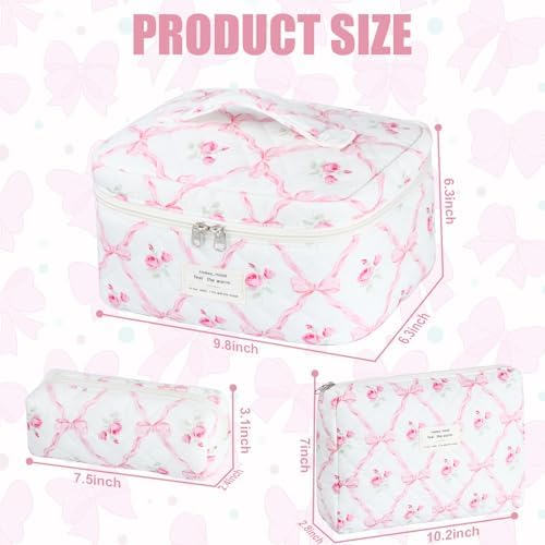 BuyCard Quilted Makeup Bag Set, CuteFloral Cotton Coquette Makeup Bag Toiletry - Image 2