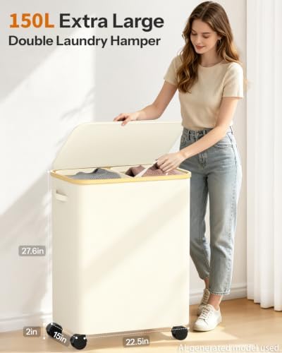 Double Laundry Basket with Wheels and Lid, 150L Clothes Hampers - Image 2