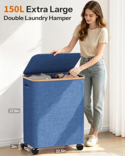 Double Laundry Basket with Wheels and Lid, 150L Clothes Hampers - Image 2