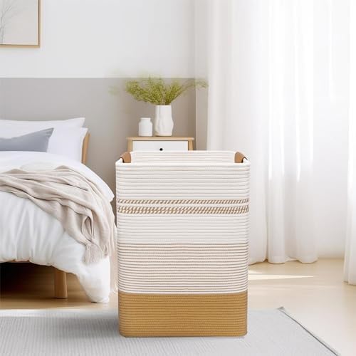 Laundry Hamper, 85L Cotton Rope Laundry Basket, Jute & White - Image 5