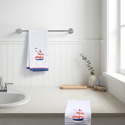 Ritz 2-Piece Cotton Velour Bathroom Hand Towel Set, Embroidered Sailboat Design - Image 7