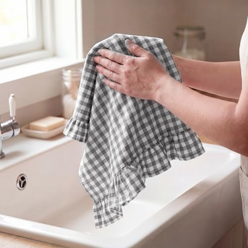 HunnmingRe 2 Pcs Gray Gingham Kitchen Towels Cotton Ruffled - Image 4