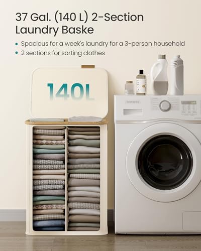 SONGMICS Laundry Hamper with Lid, 140L Laundry Basket, Bamboo Frame - Image 4