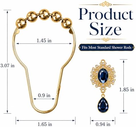 12PCS Blue Crystal Shower Curtain Hooks, Elegant Gem Style Bathroom Decor - Image 3