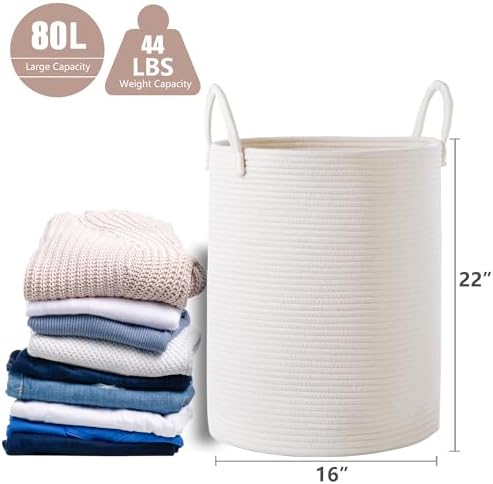 80L Large White Laundry Hamper Basket Woven Rope Tall Hamper - Image 3