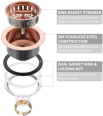 KONE Copper Sink Drain 3.5 Inch Kitchen Sink Drain Assembly Stainless Steel - Image 5