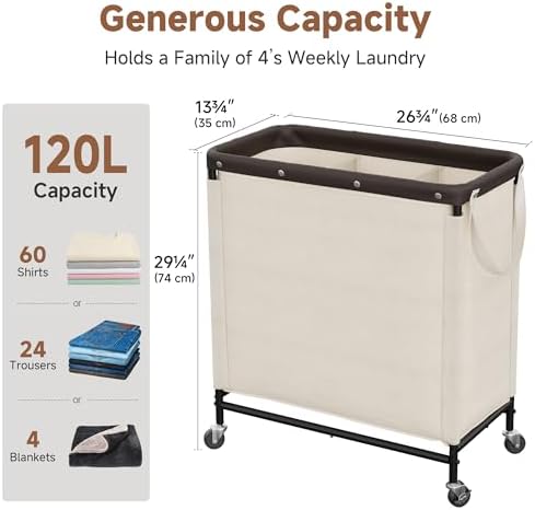 StorageWorks 3 Section Laundry Hamper, 120L Beige Sorter Cart - Image 2