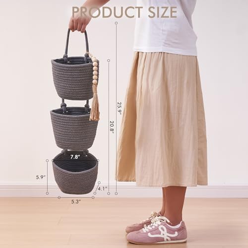 LIGHT DUST Wall Hanging Rope Baskets 3-Tier Boho Organizers - Image 3