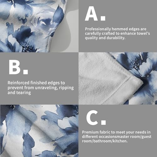 Navy Blue Flower Hand Towels Set of 2, Modern Ink Floral Face Towel 28X14 inch - Image 5