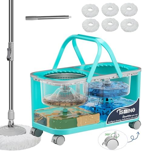 RinseWise Easy-Use Gen 2 Mop Bucket, Clean/Dirty Water Separation, 6 Heads by RinseWise