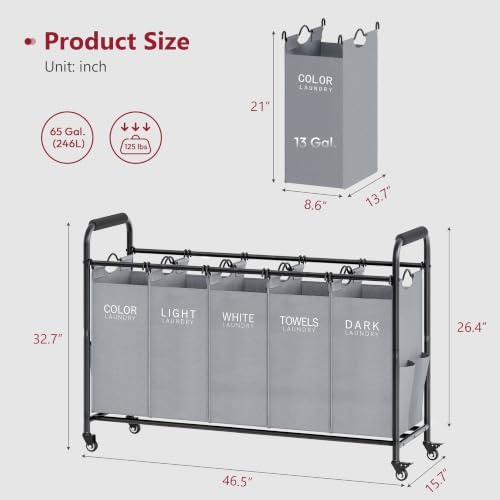 Tajsoon Laundry Sorter, 5 Section Laundry Hamper, Laundry Cart - Image 7
