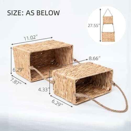 YAHUAN Water Hyacinth Hanging Basket 2-Tiered Woven Wicker Wall Basket Organizer - Image 3