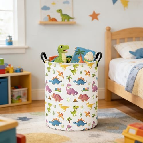 Round Laundry Basket Collapsible Storage Hamper Organizer Cute Dinosaur - Image 5