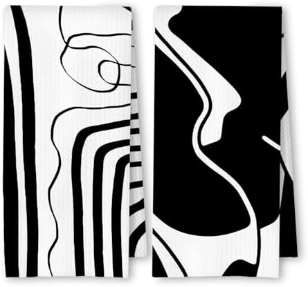 Abstract Black and White Kitchen Towels Set of 2, Modern Minimalist Wavy Line by Unknown