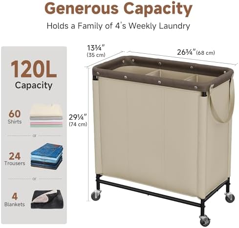 StorageWorks 2 Section Laundry Hamper, 120L Tan Sorter Cart - Image 2