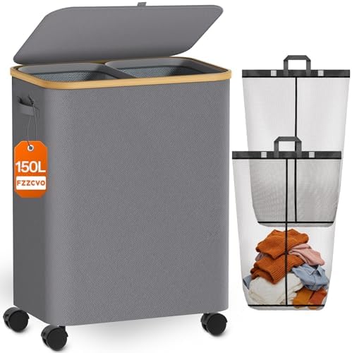 Double Laundry Basket with Wheels and Lid, 150L Clothes Hampers by Fzzcvo