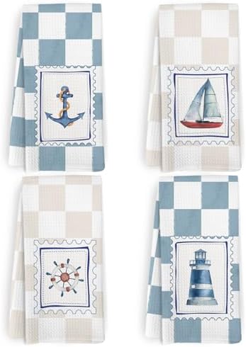 Preppy Nautical Kitchen Towels and Dishcloths Set of 4, Coastal Boat Wheel Dish by HFXHANGD