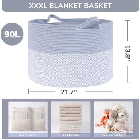 INDRESSME XXXLarge Woven Rope Blanket Basket Living Room Blue - Image 3