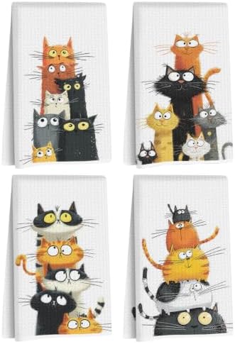 4 Pcs Cute Cat Kitchen Towels, Funny Cats Gifts Absorbent Hand Towels-05 by Jztco