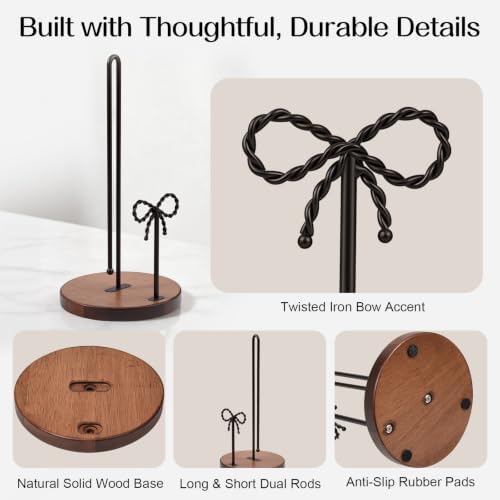 Wooden Paper Towel Holder Countertop, Hand‑Twisted Iron Bow Decor - Image 3