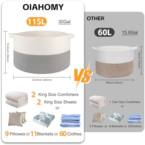 OIAHOMY 115L Extra Large Blanket Basket Living Room Laundry Basket Grey - Image 2