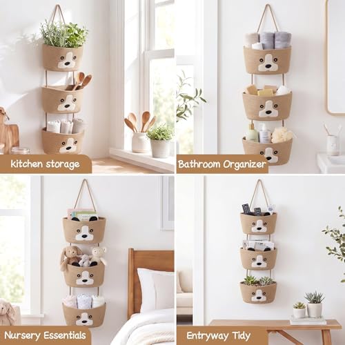 Dog Theme Basket for Nursery 3-Tier Cotton Rope Hanging Basket Cute Dog Clothes - Image 6