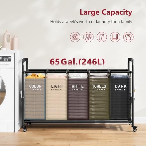 Tajsoon 5 Bag Laundry Sorter Cart, Laundry Hamper 5 Section, 5 Colors - Image 4
