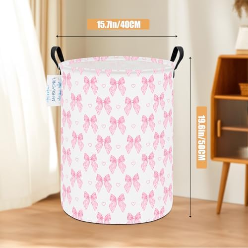 Round Laundry Basket Collapsible Storage Hamper Pink Bowknot - Image 2