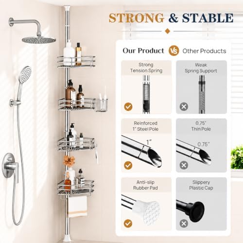 SEIRIONE Corner Shower Caddy Tension Pole, Quick Setup, Rust-Free Bathroom - Image 6