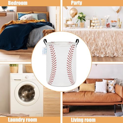 Round Laundry Basket Collapsible Storage Hamper Organizer Red Baseball - Image 3