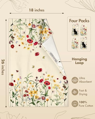 Miss Adola 150GSM Flour Sack Kitchen Towels Set of 4, Cat in Flower - Image 4