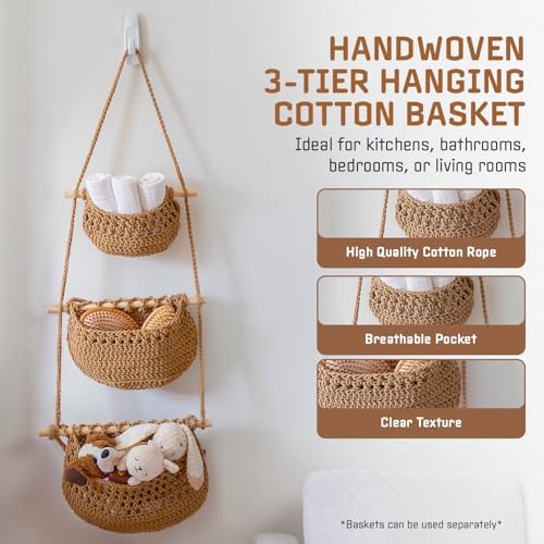 Cotton Hanging Fruit Basket, 3 Tier Woven wall Basket, hanging Storage baskets - Image 4