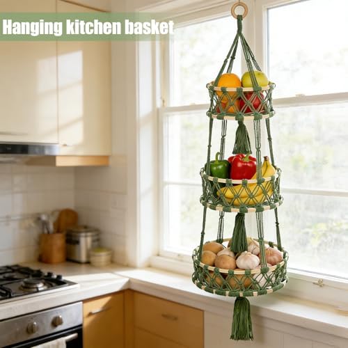 3 Tier Hanging Fruit Baskets for Kitchen, Macrame Plant Hanger Cotton Rope - Image 4