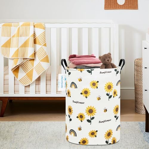 Round Laundry Basket Collapsible Storage Hamper Organizer Sunflower - Image 5