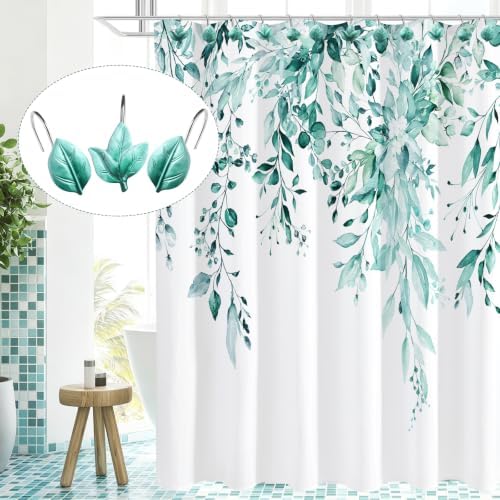 Teal Plant Leaf Shower Curtain Hooks, Eucalyptus Bathroom Decor - Image 4