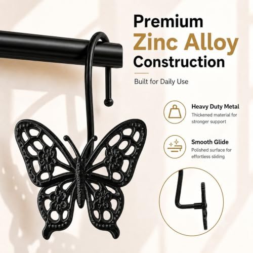 Butterfly Shower Curtain Hooks, Farmhouse Bathroom Decor, Rust-Resistant Zinc - Image 5