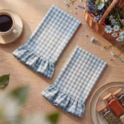 HunnmingRe 2 Pcs Dusty Blue Gingham Kitchen Towels Cotton Ruffle Dish Towel - Image 3