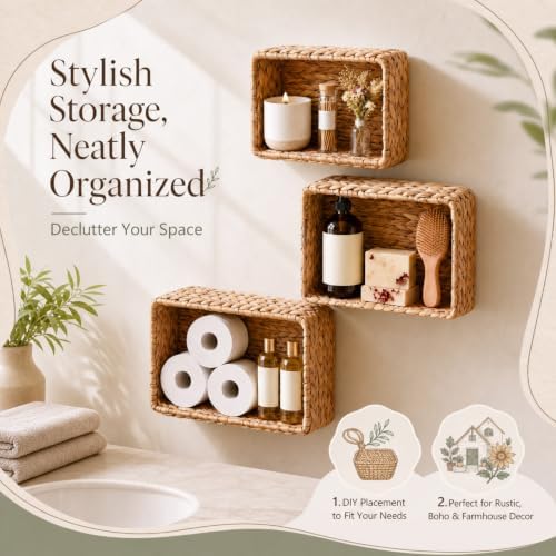 3 Pack Wicker Wall Basket for Bathroom, Rattan Hanging Paper Basket - Image 2