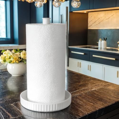 Paper Towel Holder Countertop, Ceramic Base, Fits Double to Family Rolls by VROOMIUM-BETTERDESIGN